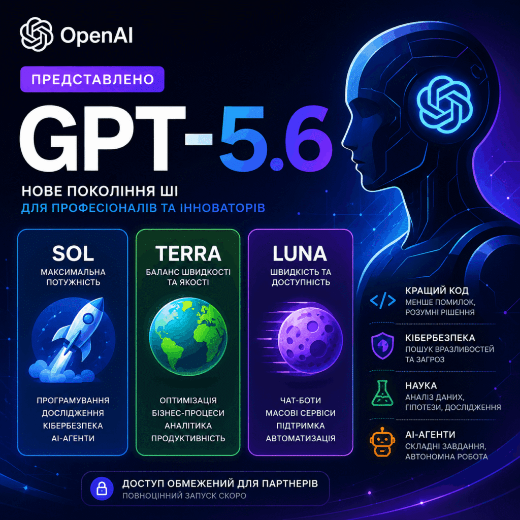OpenAI анонсувала нове сімейство моделей GPT-5.6, до якого входять Sol, Terra та Luna.